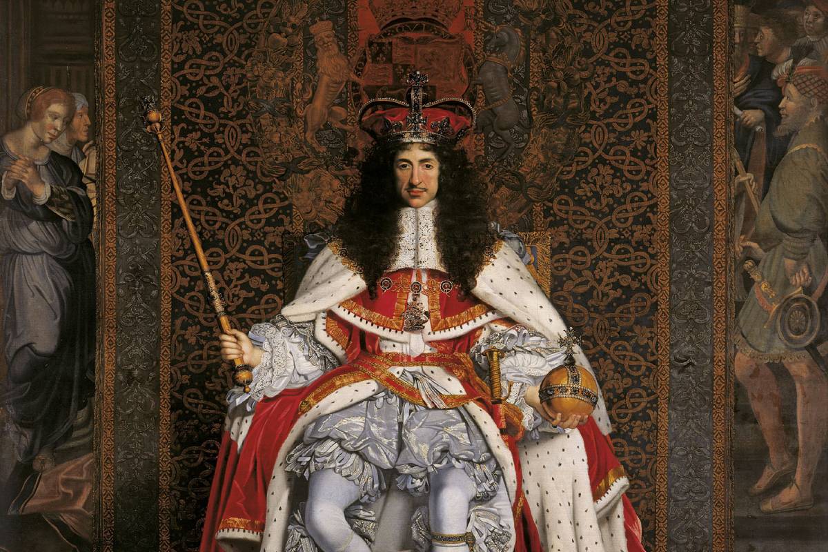 A regal portrait of King Charles II seated on an ornate throne, wearing royal robes, holding a scepter and an orb, with rich tapestry decor.